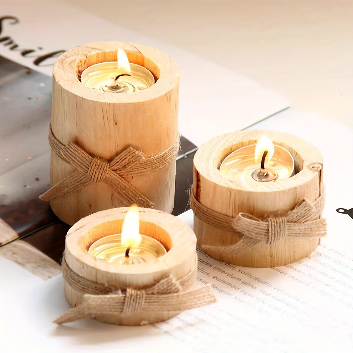 Elegant Wooden Cylindrical Candlesticks Set Handmade Decor