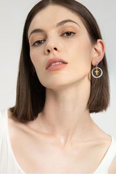 Brass Cross Dangle Earrings with Contrast Design - Stylemz