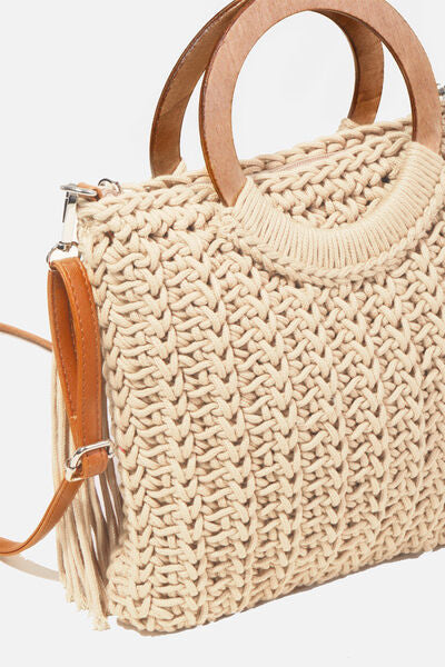 Fame Crochet Knit Convertible Tote Bag with Tassel - Stylemz