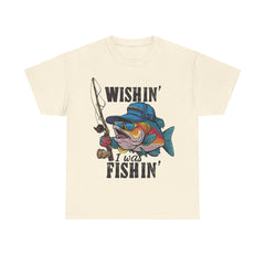 Corea - Camiseta unisex de algodón grueso con el mensaje "Wishing I was fishing" - StyleMZ 