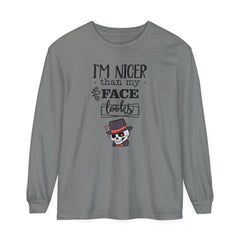 Korea -  I am nicer than my face looks Unisex Garment-dyed Long Sleeve T-Shirt  - StyleMZ