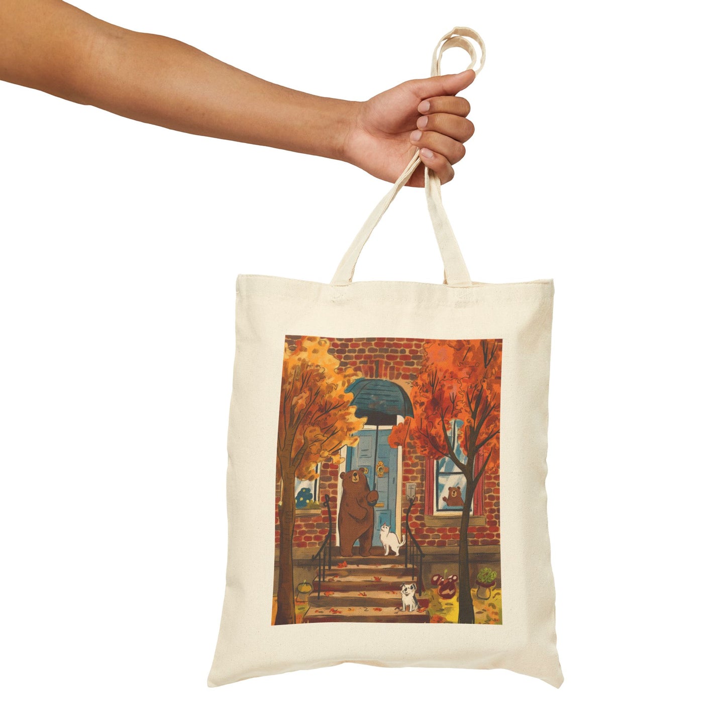 Autumn Gathering at Bear's Door Cotton Canvas Tote Bag - StyleMZ