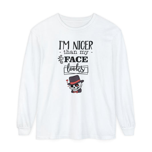 Korea -  I am nicer than my face looks Unisex Garment-dyed Long Sleeve T-Shirt  - StyleMZ