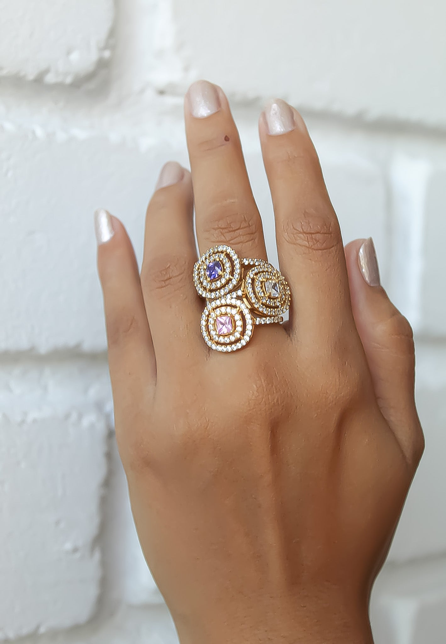 Elegant Golden Maldives Ring with Zirconia Stones