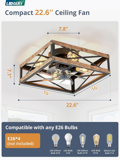 Caged Low Profile Ceiling Fans with Lights and Remote Rustic Square