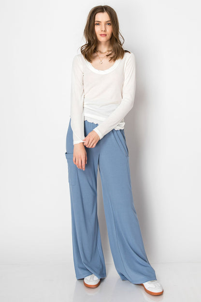 Wide Banded Jersey Knit Flare Pants With Pockets - Comfy Style