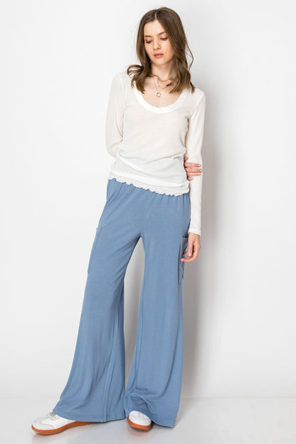 Wide Banded Jersey Knit Flare Pants With Pockets - Comfy Style