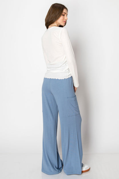 Wide Banded Jersey Knit Flare Pants With Pockets - Comfy Style