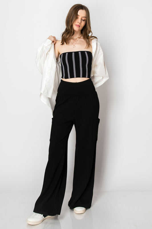 Wide Banded Jersey Knit Flare Pants With Pockets - Comfy Style