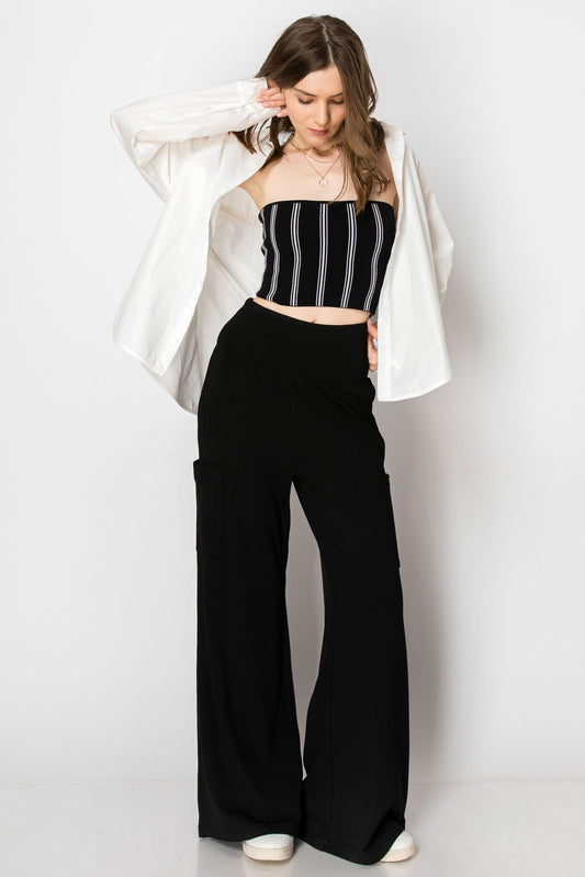 Wide Banded Jersey Knit Flare Pants With Pockets - Comfy Style