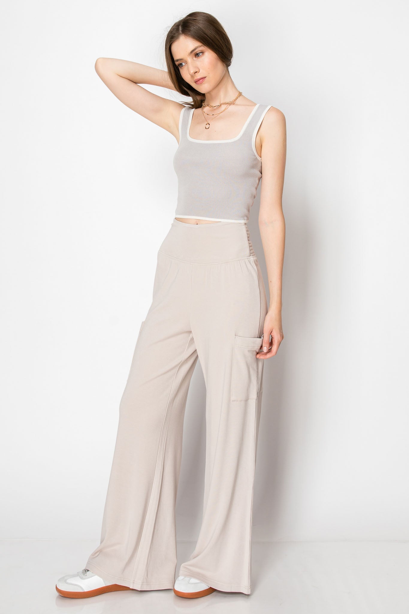 Wide Banded Jersey Knit Flare Pants With Pockets - Comfy Style