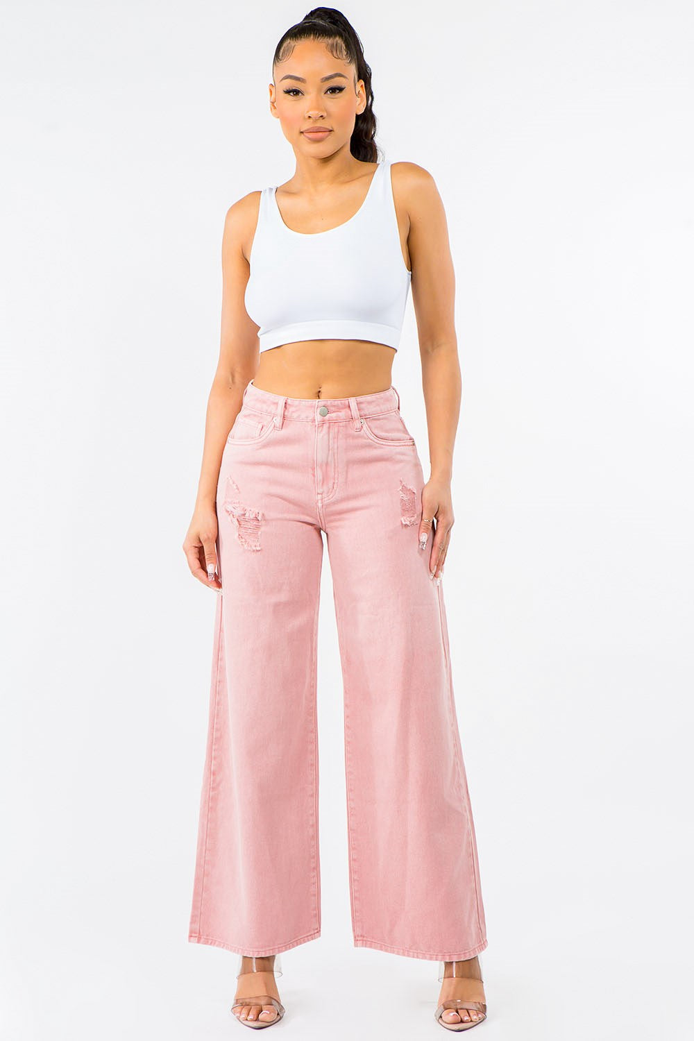 American Bazi High Waist Distressed Wide Leg Jeans for Chic Style