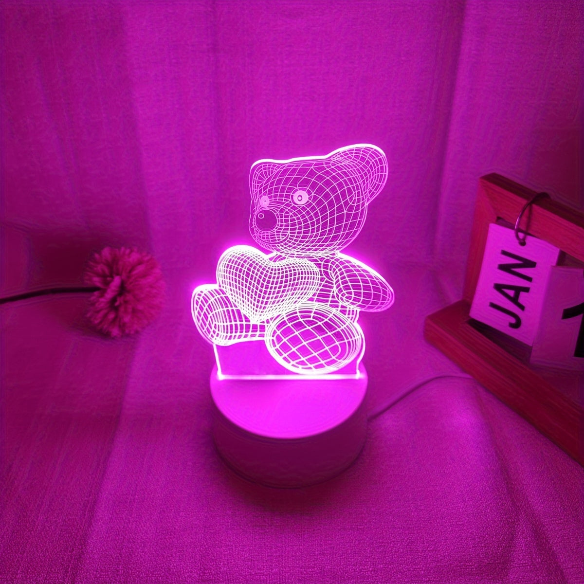 USB Romantic Pink Heart Bear 3D Night Light Decor for Cozy Vibes