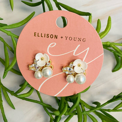 Mini Flower Jeweled Stud Earrings with Pearl Accent