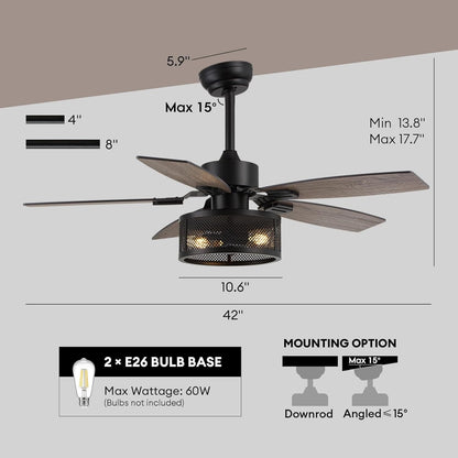 42 Inch Ceiling Fans with Lights and Remote Control, Stylish Fan