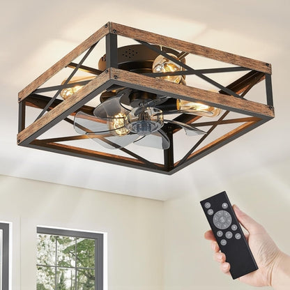 Caged Low Profile Ceiling Fans with Lights and Remote Rustic Square