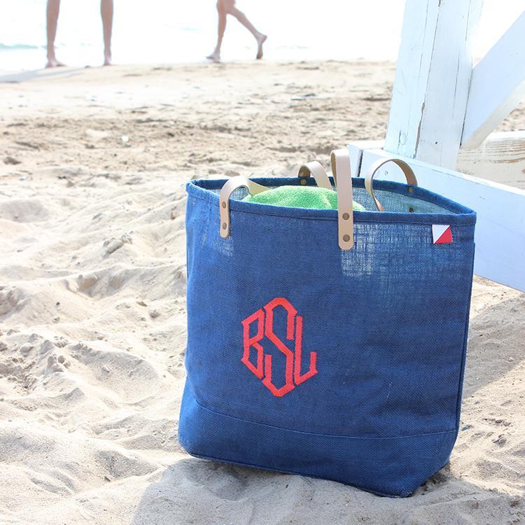 Big Jute Colored Tote Bags with Leather Handles and Monogram