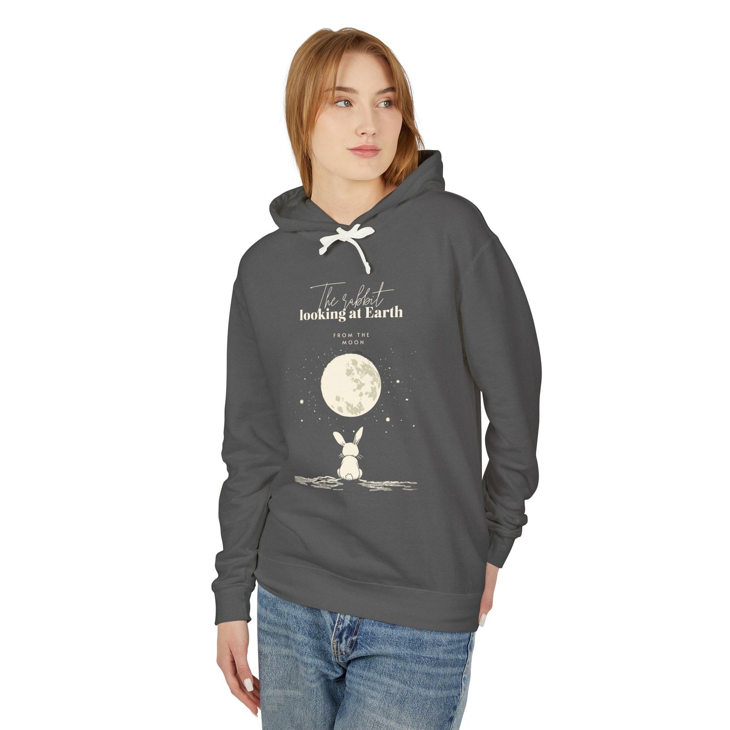 The rabbit looking at Earth from the moon Unisex Lightweight Hooded Sweatshirt  - Korea  - StyleMZ