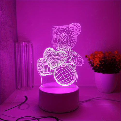 USB Romantic Pink Heart Bear 3D Night Light Decor for Cozy Vibes