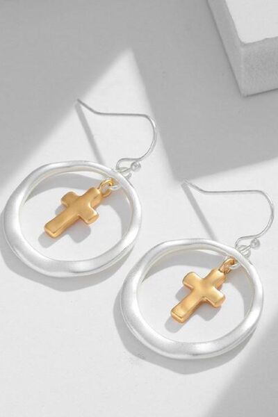 Brass Cross Dangle Earrings with Contrast Design - Stylemz