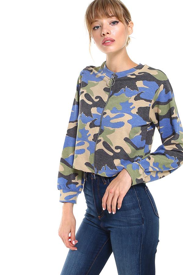 Cropped Camo Zip-Up Jacket – Casual and Trendy - Stylemz