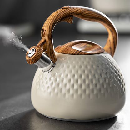 3L Stainless Steel Whistling Kettle Creamy White Wood Grain