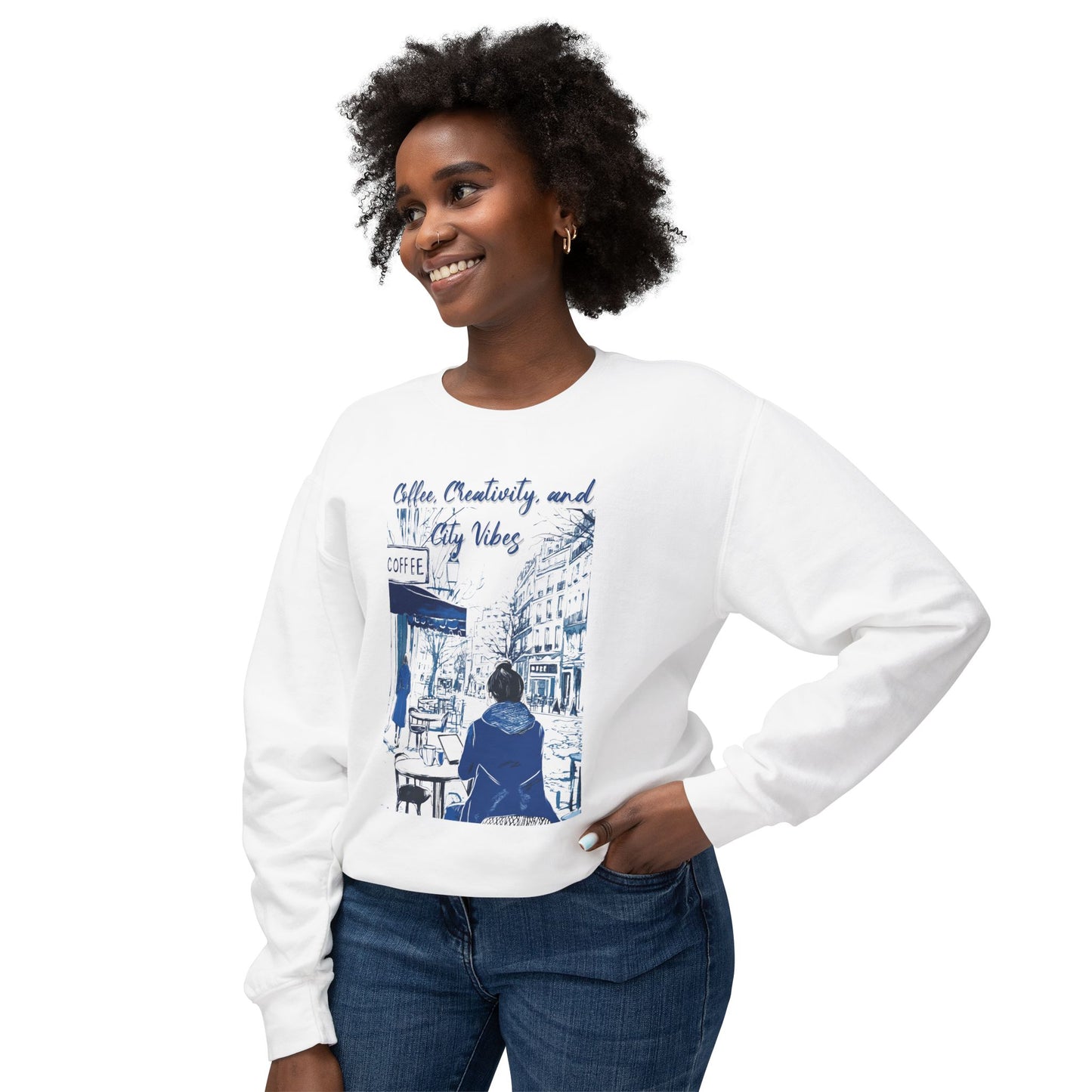 Coffee, Creativity, and City Vibes Unisex Lightweight Crewneck Sweatshirt - StyleMZ