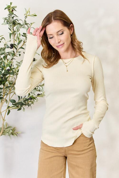 Culture Code Full Size Ribbed Long Sleeve Round Neck Top