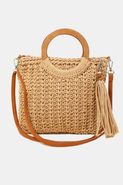 Fame Crochet Knit Convertible Tote Bag with Tassel - Stylemz