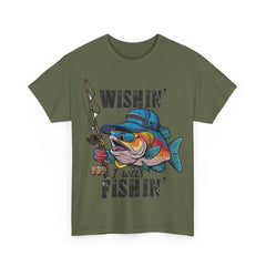 Corea - Camiseta unisex de algodón grueso con el mensaje "Wishing I was fishing" - StyleMZ 