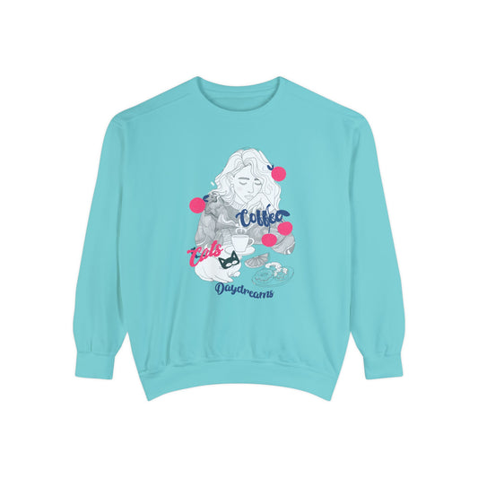 Corea - Sudadera unisex teñida con prenda Coffee Cats Daydreams - StyleMZ 