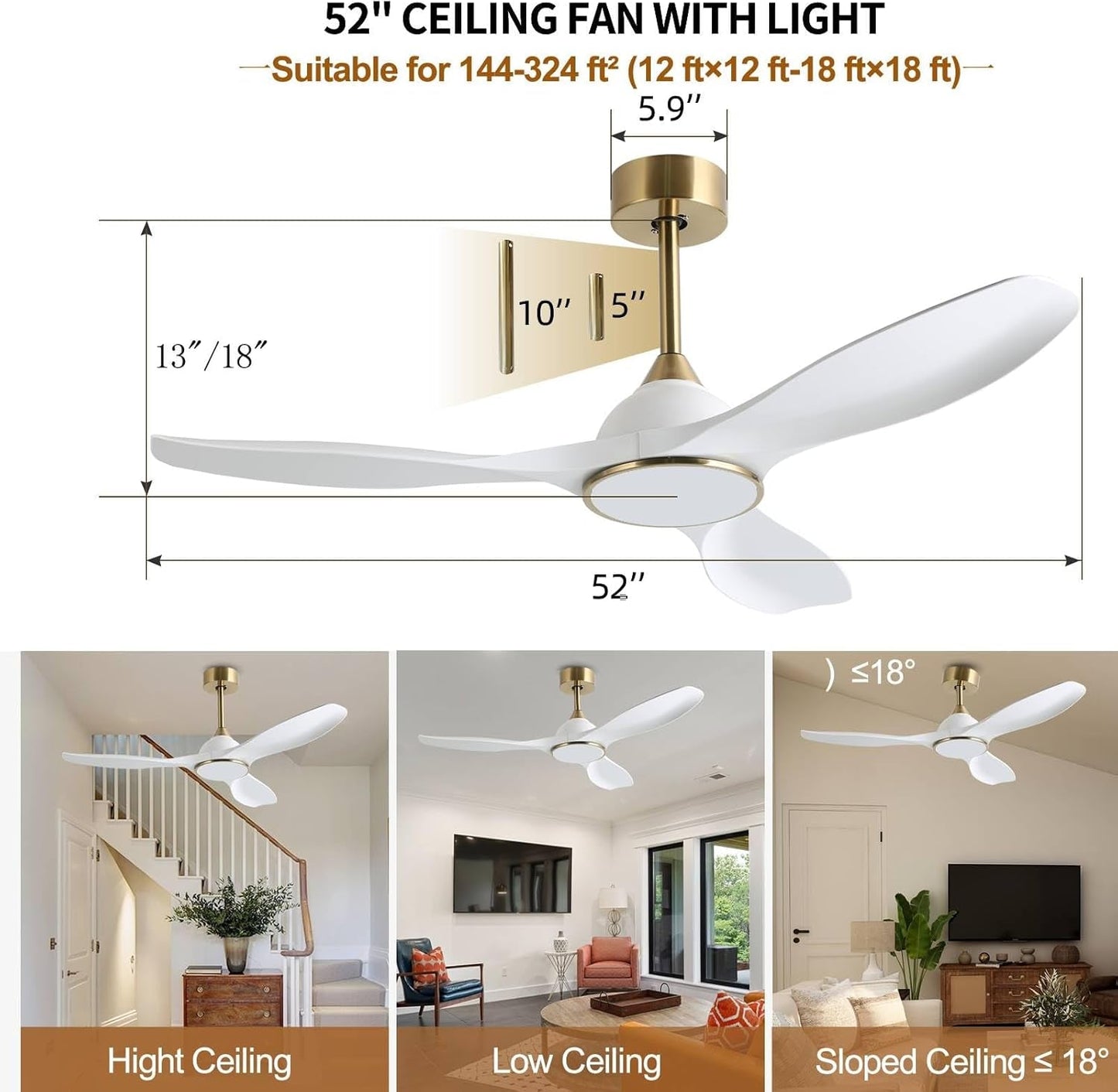 52 Inch 6 Speed High CFM Quiet DC Motor Ceiling Fan with Lights