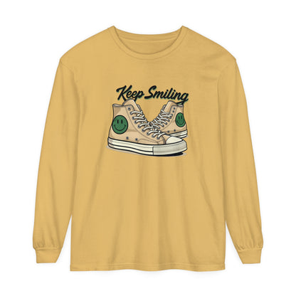 Korea -  Keep smiling Unisex Garment-dyed Long Sleeve T-Shirt  - StyleMZ