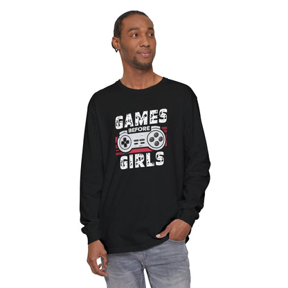 Korea -  Games before girls Unisex Garment-dyed Long Sleeve T-Shirt  - StyleMZ