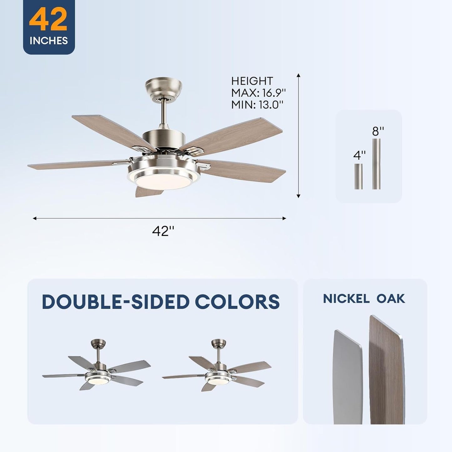 42 Inch Ceiling Fans with Lights and Remote App Control Modern Nickel