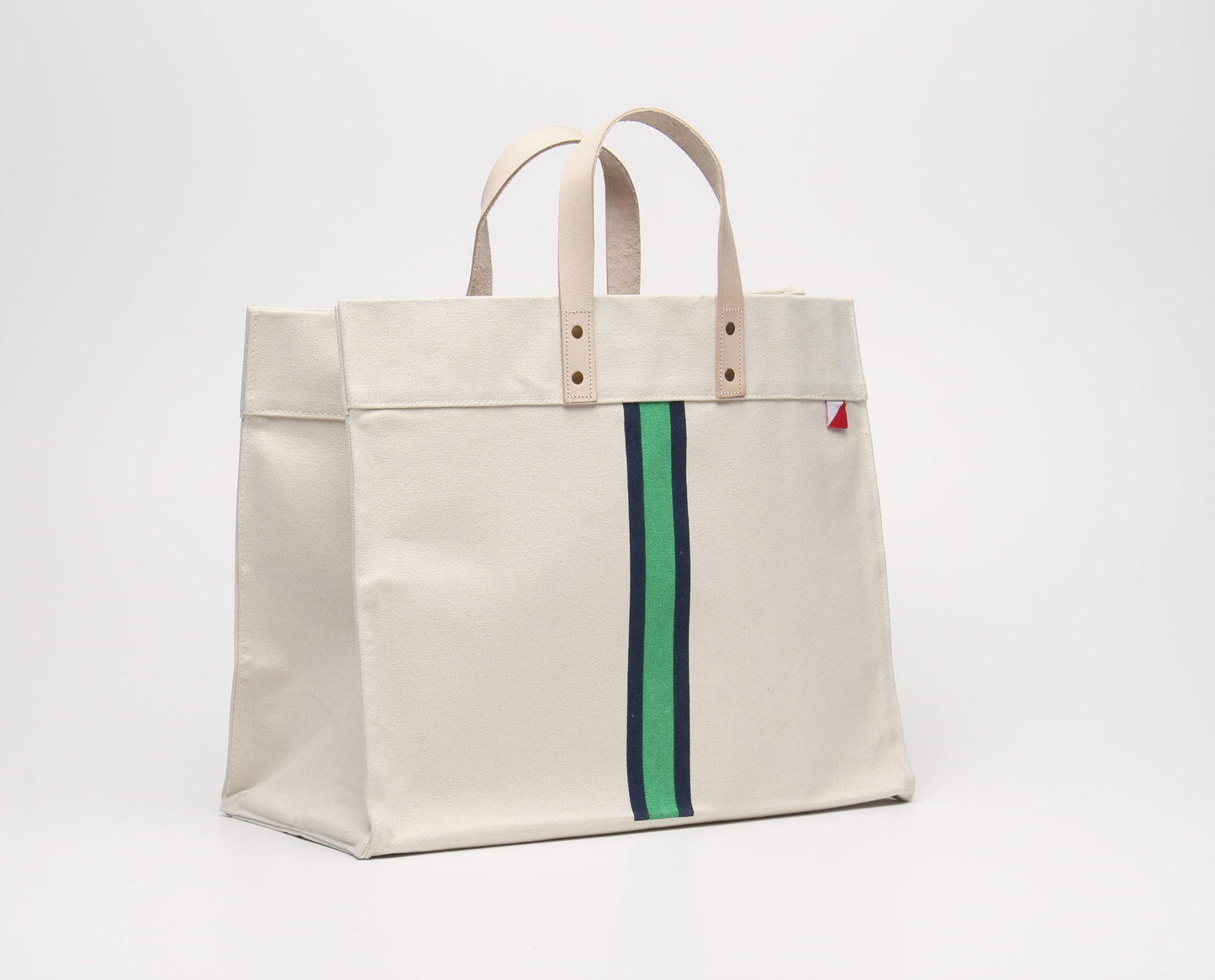 Striped Box Tote Bag with Leather Handles and Pockets