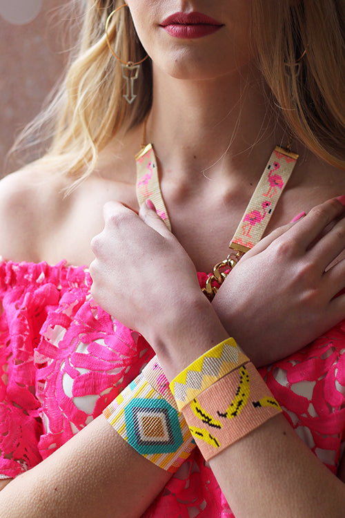 Bananas Bracelet - Peach, Hand Beaded Tropical Charm