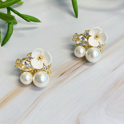 Mini Flower Jeweled Stud Earrings with Pearl Accent