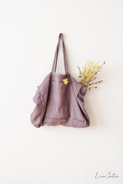 Linen Beach Bag With Pocket And Zipper In Pastel Plum