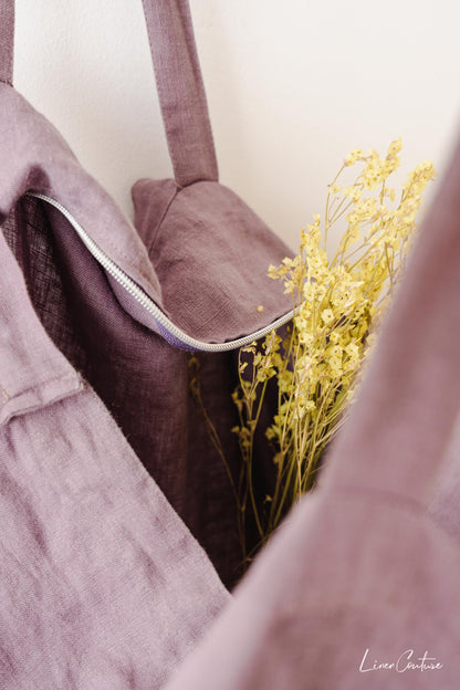 Linen Beach Bag With Pocket And Zipper In Pastel Plum