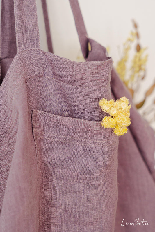 Linen Beach Bag With Pocket And Zipper In Pastel Plum