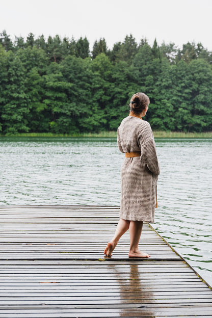 Natural and Amber Linen Waffle Robe Two Tones for Comfort