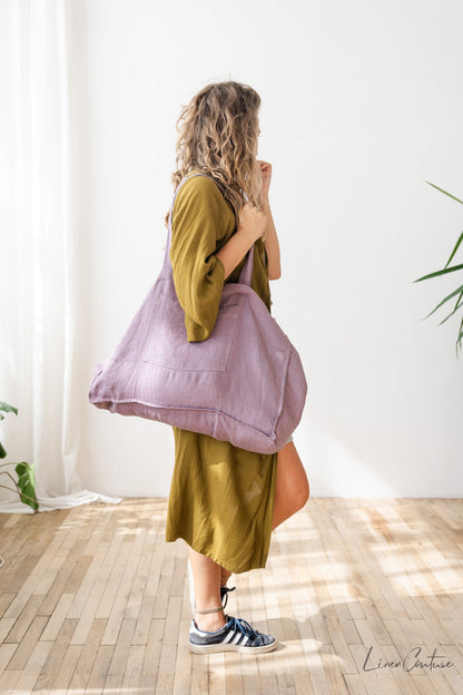 Linen Beach Bag With Pocket And Zipper In Pastel Plum