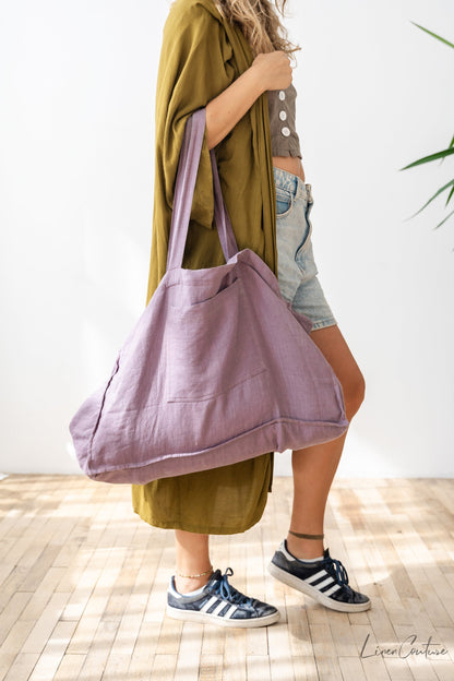 Linen Beach Bag With Pocket And Zipper In Pastel Plum