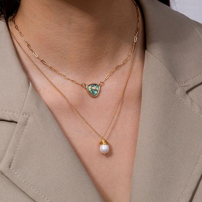 Two Layer Necklace With Abalone Pendant And Pearl Pendant