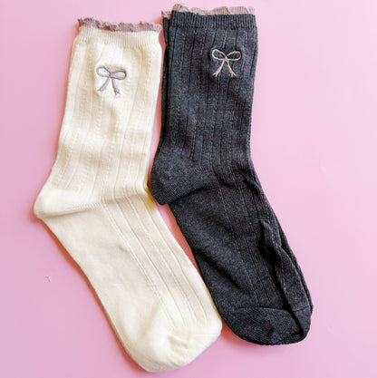 Bow Bow Socks Set Of 2 With Adorable Embroidered Bows