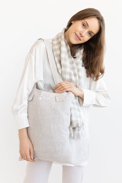 Natural and White Check Linen Scarf for All Seasons