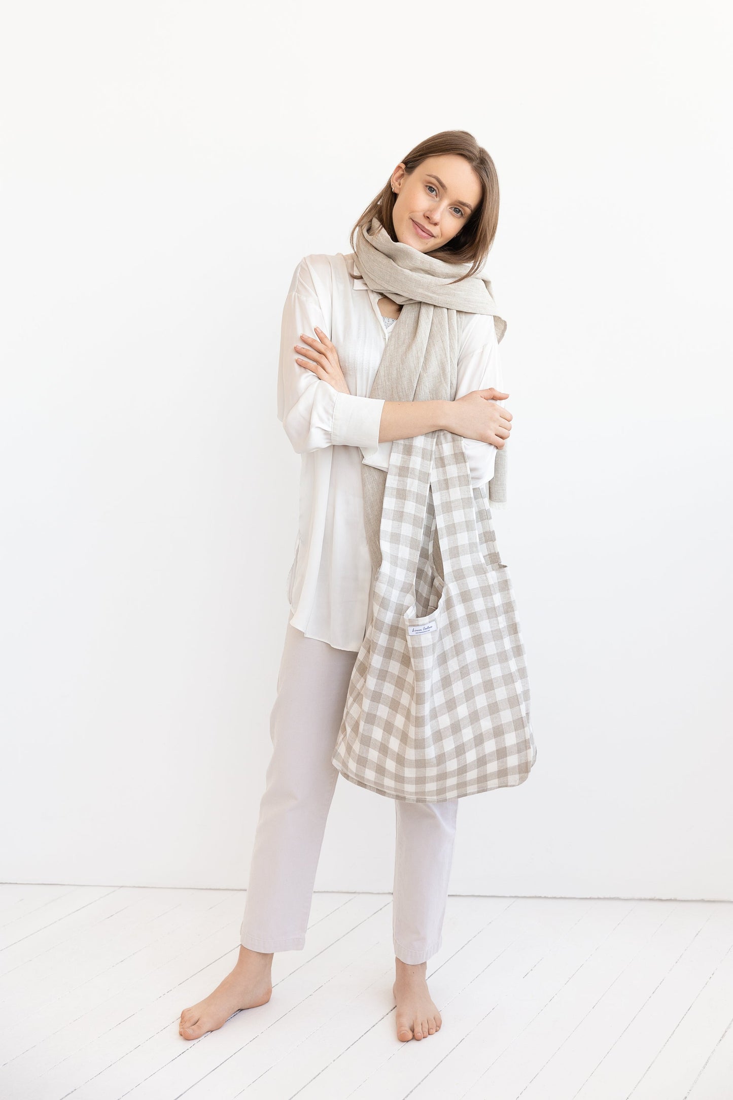 Natural and White Check Linen Scarf for All Seasons