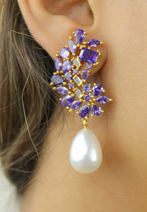 Golden Frosty Pearl Earrings with Zirconia Stones