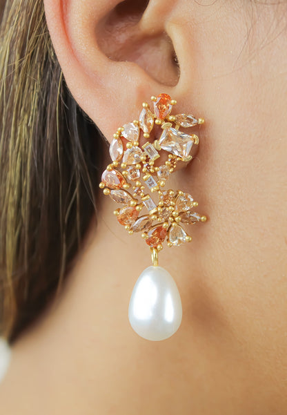 Golden Frosty Pearl Earrings with Zirconia Stones